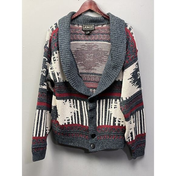 Jon1E Cowl neck cardigan sweater Mens Large Button front Gray Red Vintage - Picture 1 of 6
